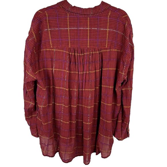 Free People Break Red / Orange Plaid My Stride Button Up /Down Long Sleeve Top S - Picture 11 of 11